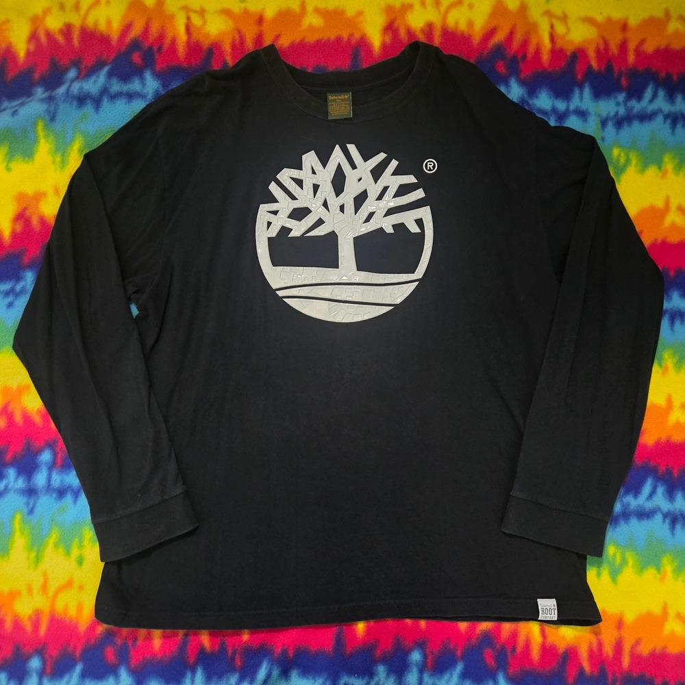Vintage Timberland Mens XXL Black Long Sleeve T-Shirt 3D Tree Logo Cotton